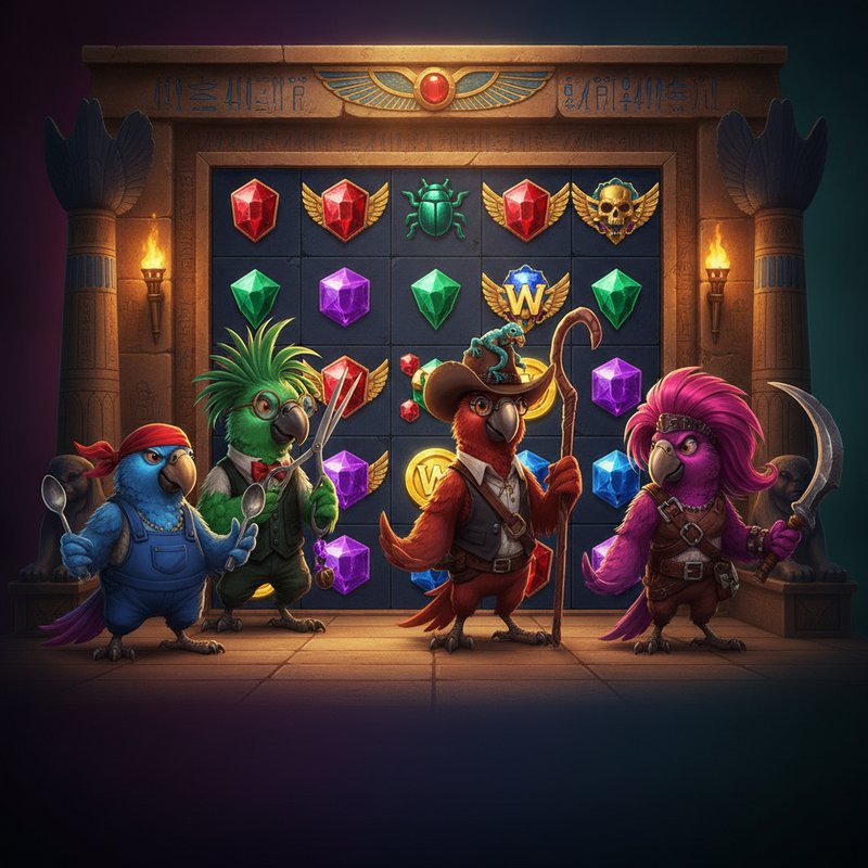 Pirots 5 slot: quattro pappagalli collettori pirati con bandana rossa, cappello da cowboy, farfalla e capelli spettinati su griglia 6x6 con gemme rosse esagonali, cubi viola, diamanti verdi e sfere blu nel tempio egizio dorato